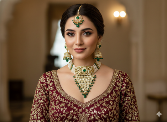 Indian Jewellery Green Kundan waterfall choker Lohit Sets