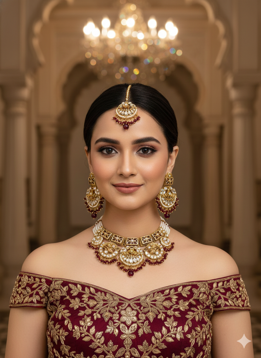 Maroon Kundan necklace Set/ kundan Indian jewellery kundan Damini sets