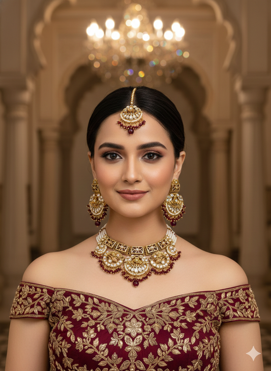 Maroon Kundan necklace Set/ kundan Indian jewellery kundan Damini sets