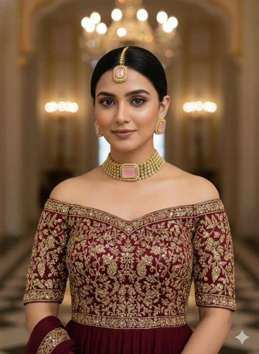 Indian Jewellery Pink Kundan choker Gunjan Sets