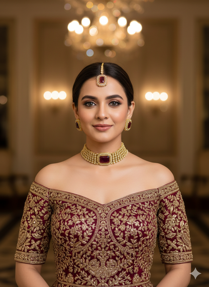 Indian Jewellery Maroon Kundan choker Gunjan Sets
