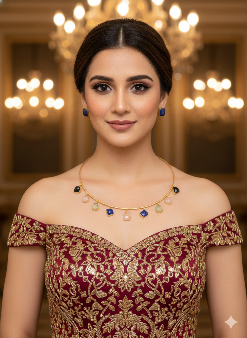 Gold Navratan western style uncut stone Necklace Set /Indian Necklace Set/ Indian sumu Jewellery