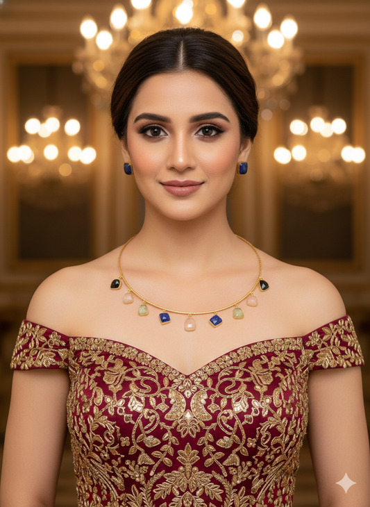 Gold Navratan western style uncut stone Necklace Set /Indian Necklace Set/ Indian sumu Jewellery