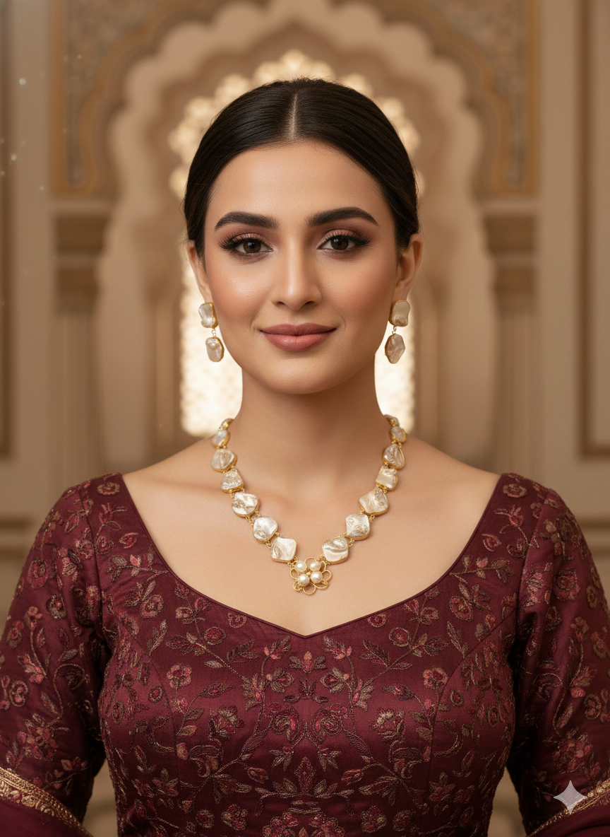 Gold Off white western style uncut stone Necklace Set /Indian Necklace Set/ Indian sumu Jewellery
