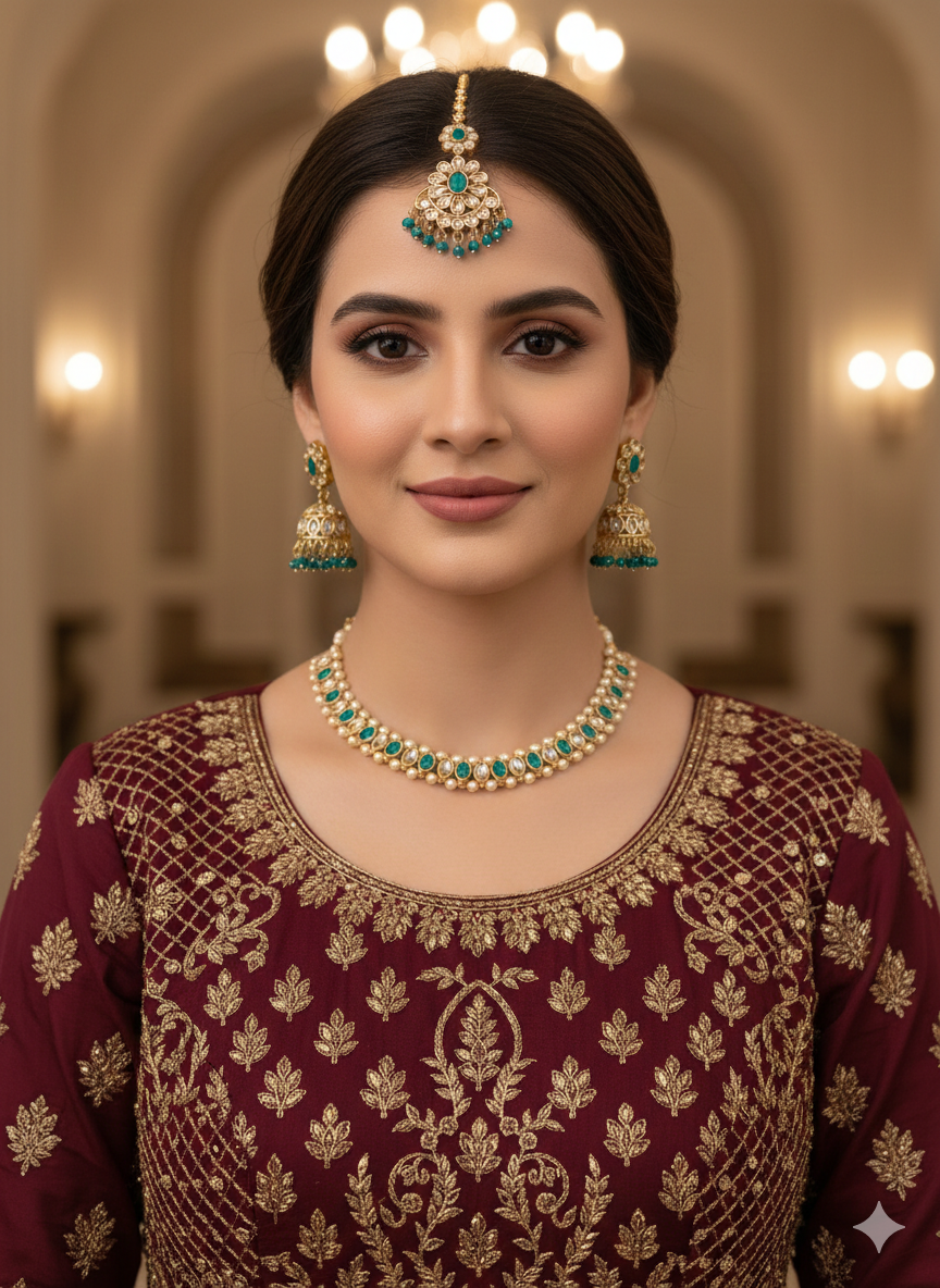 Antique Gold Rama Green Necklace Set/ Antique gold Indian Bridal Jagjeet Jewellery