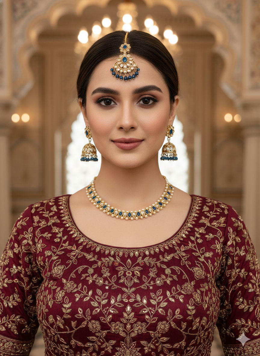 Antique Gold Blue Necklace Set/ Antique gold Indian Bridal Jagjeet Jewellery