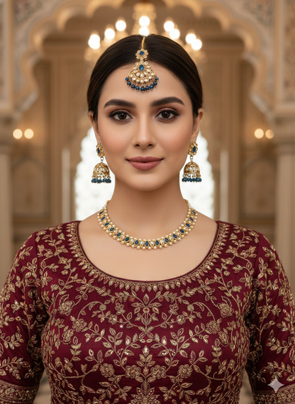 Antique Gold Blue Necklace Set/ Antique gold Indian Bridal Jagjeet Jewellery