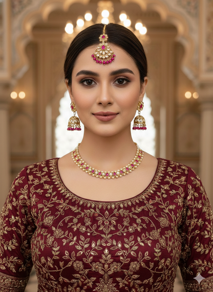 Antique Gold Majenta Necklace Set/ Antique gold Indian Bridal Jagjeet Jewellery