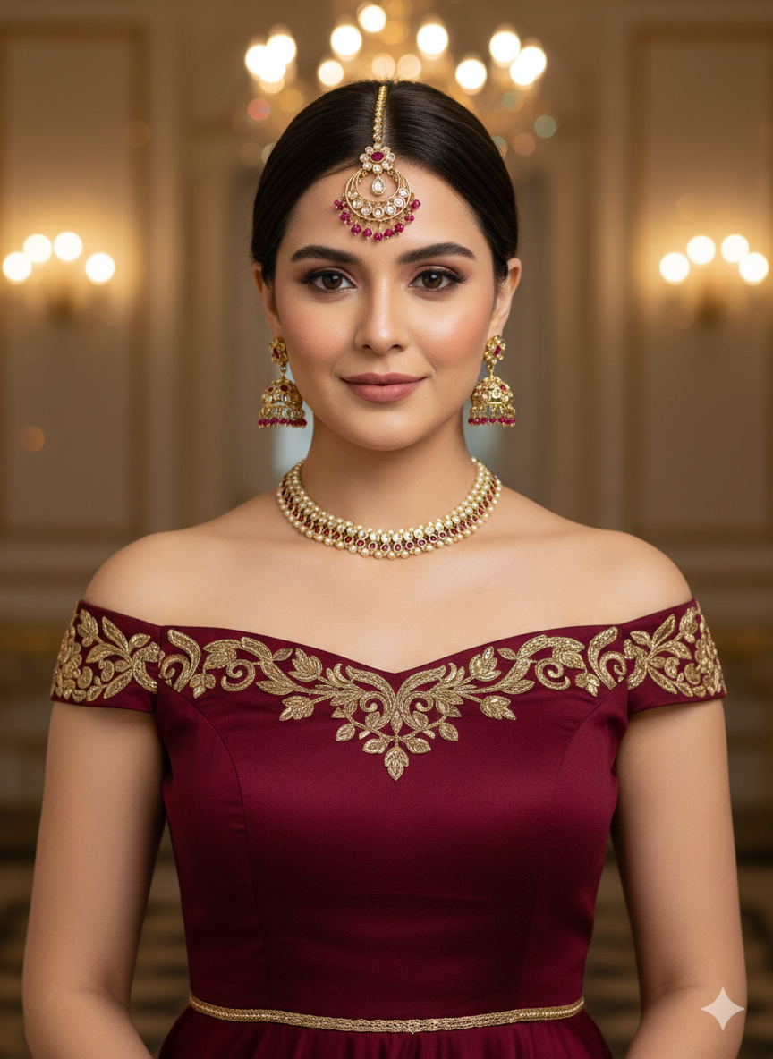 Antique Gold Maroon Necklace Set/ Antique gold Indian Bridal Jagjeet Jewellery