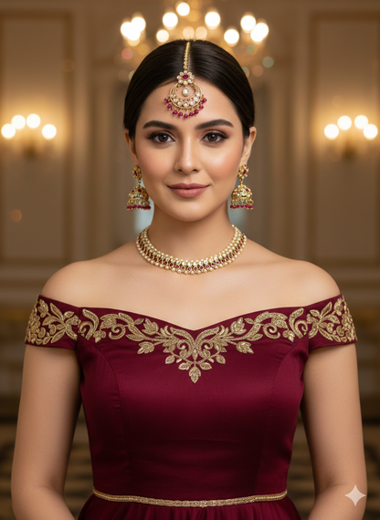 Antique Gold Maroon Necklace Set/ Antique gold Indian Bridal Jagjeet Jewellery