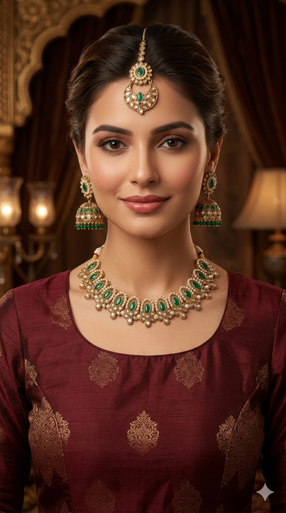 Antique Gold Green Necklace Set/ Antique gold Indian Bridal Risha Jewellery