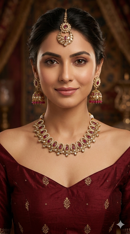 Antique Gold Maroon Necklace Set/ Antique gold Indian Bridal Risha Jewellery
