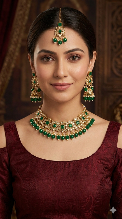 Antique Gold Green Necklace Set/ Antique gold rani Indian Bridal Kitty Jewellery