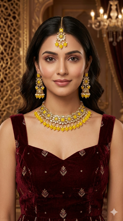 Antique Gold Yellow Necklace Set/ Antique gold rani Indian Bridal Kitty Jewellery