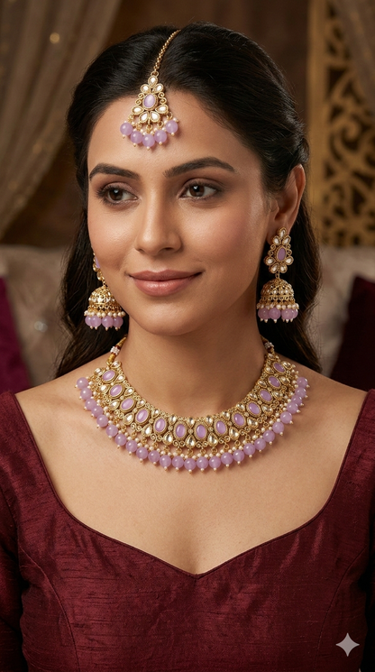 Antique Gold Lavender Necklace Set/ Antique gold rani Indian Bridal Kitty Jewellery