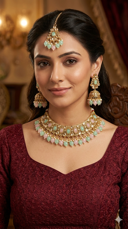Antique Gold Mint Pink Necklace Set/ Antique gold rani Indian Bridal Kitty Jewellery