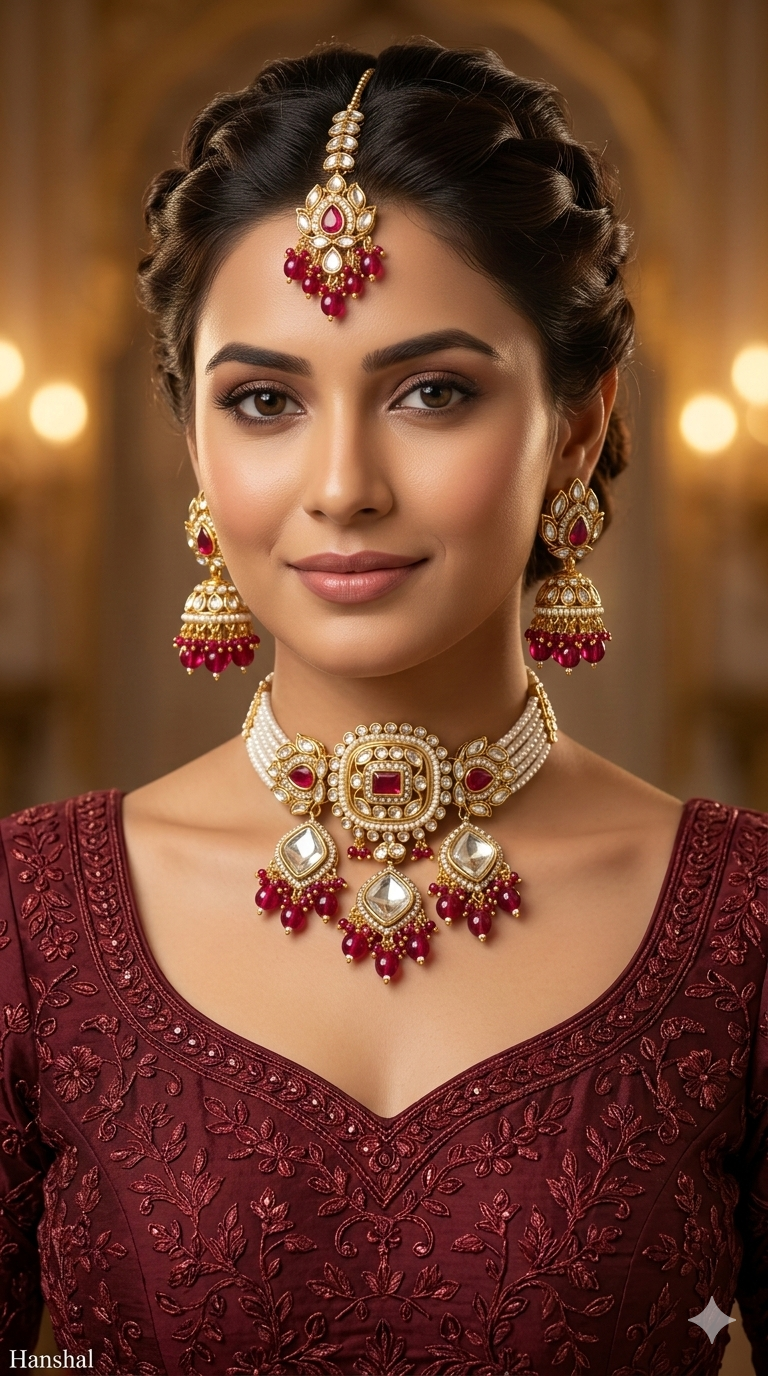 Pista Indian Jewellery  Kundan choker Hanshal Set