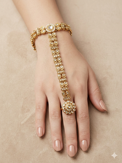 Indian Hand Bracelets Gold White Kundan Bridal pair Finger ring Panja Jewellery