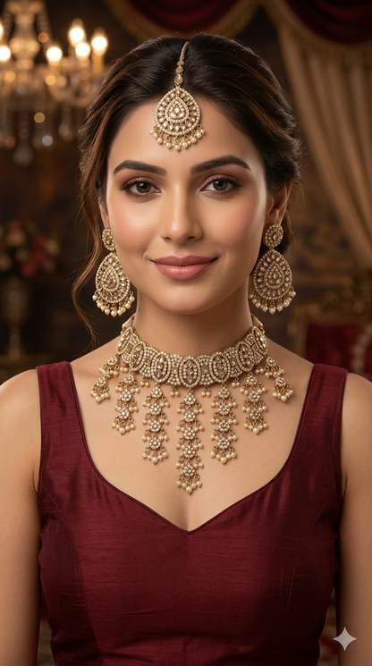 Antique Gold White Choker Indian Jewellery Inder Set