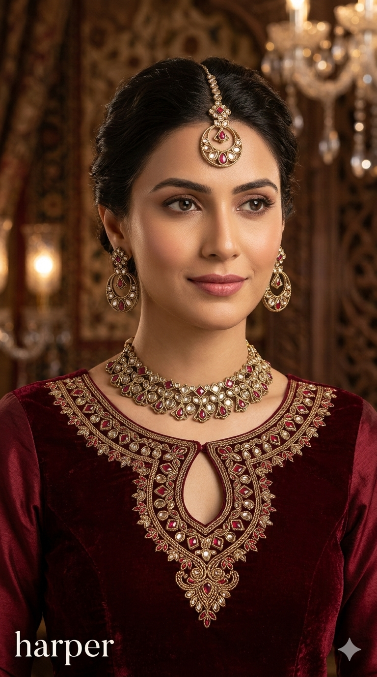 Maroon Antique Gold Necklace Indian Jewellery Race Set