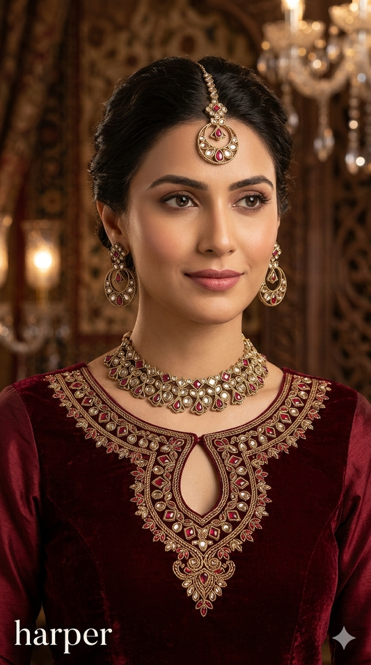 Maroon Antique Gold Necklace Indian Jewellery Race Set