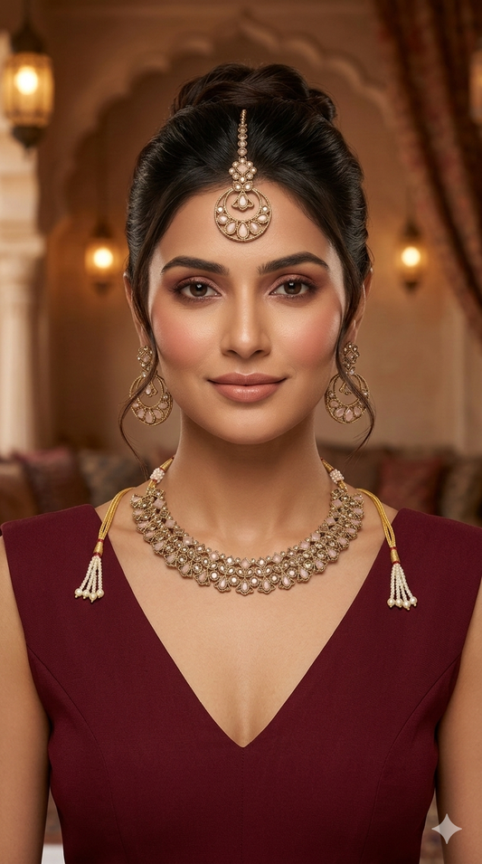 Pink Antique Gold Necklace Indian Jewellery Race Set