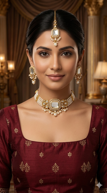 Indian Jewellery White Kundan choker Set/ kundan choker Kundan Sama Set