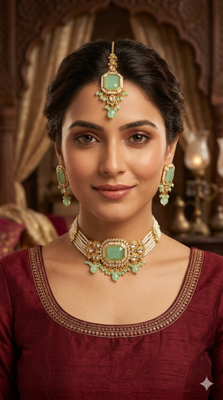 Indian Jewellery Mint Kundan choker Set/ kundan choker Kundan Sama Set