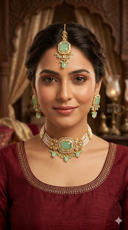 Indian Jewellery Mint Kundan choker Set/ kundan choker Kundan Sama Set