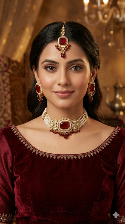 Indian Jewellery Maroon Kundan choker Set/ kundan choker Kundan Sama Set
