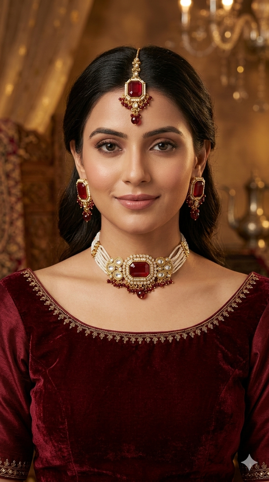 Indian Jewellery Maroon Kundan choker Set/ kundan choker Kundan Sama Set