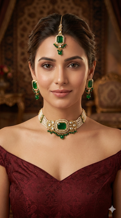 Indian Jewellery Green Kundan choker Set/ kundan choker Kundan Sama Set