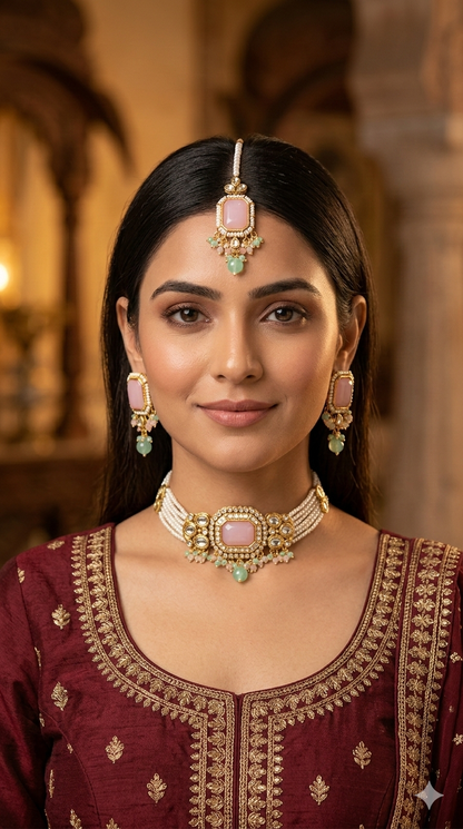 Indian Jewellery Mint Pink Kundan choker Set/ kundan choker Kundan Sama Set