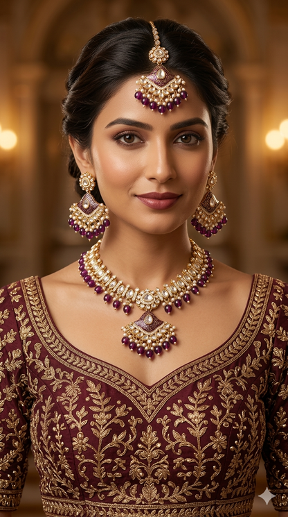 Indian  Jewellery Rose gold Kundan majenta necklace most set