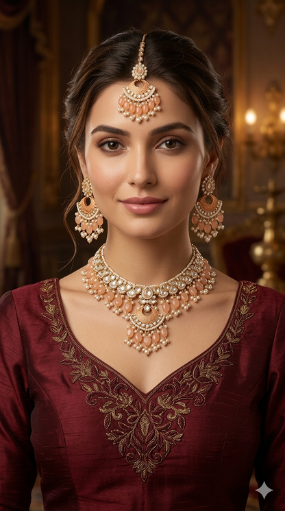 Indian Jewellery Rose gold Kundan peach necklace most set