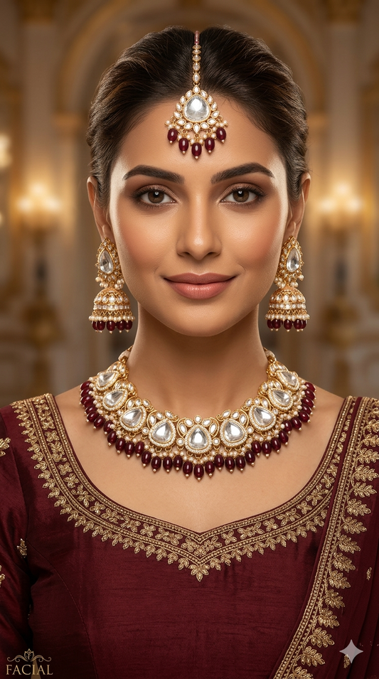 Rose gold kundan necklace Set/ Rose gold maroon Indian kundan hari sets