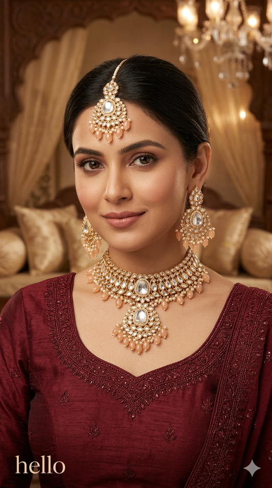 Peach Kundan Necklace   Jewellery Set/ Punjabi Indian Hari Set