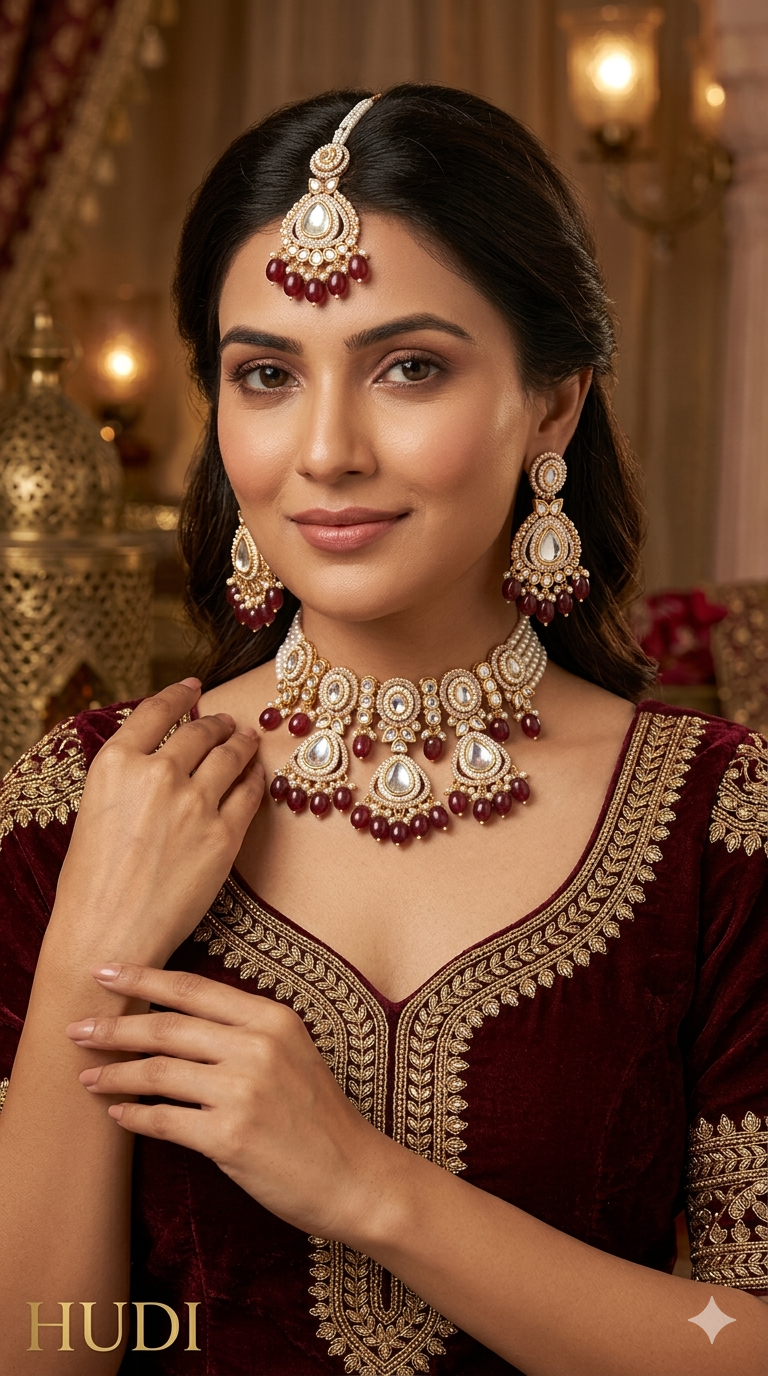 Rose gold choker kundan necklace Set/ rose maroon Indian choker hudi Jewellery