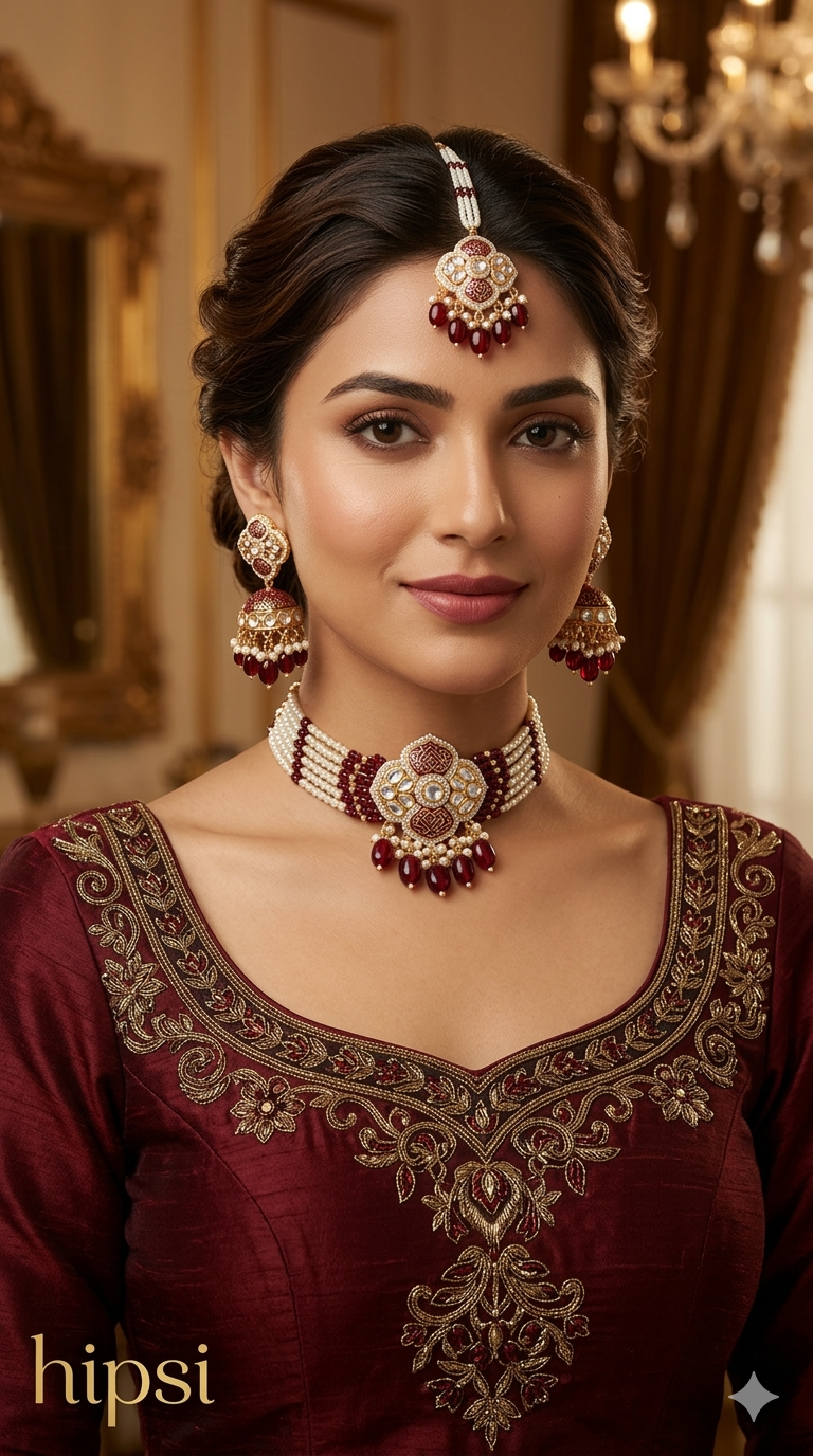 Rose gold kundan choker Set/ rose gold maroon Indian hipsi choker Jewellry