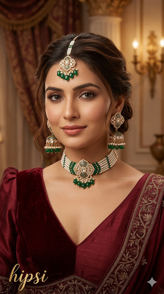 Rose gold kundan choker Set/ rose gold green Indian hipsi choker Jewellry