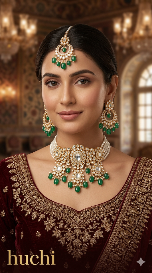 Rose gold choker kundan necklace Set/ rose green Indian choker huchi Jewellery