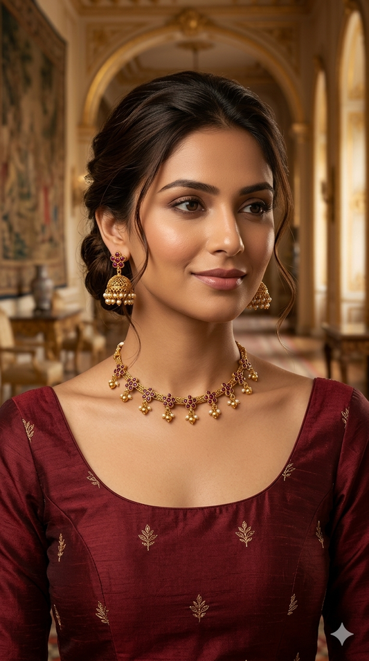 Gold Polki Maroon Necklace Jewellery Diviti Set