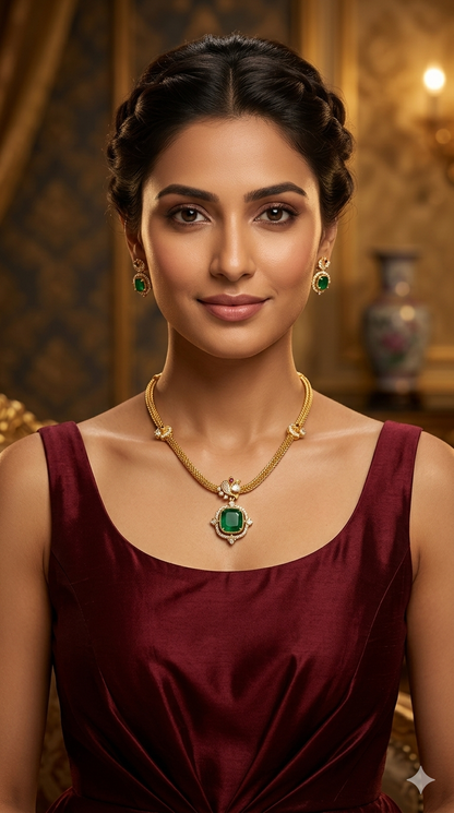 Gold American Diamond Green AD Hana Necklace Set /Indian Necklace Sets