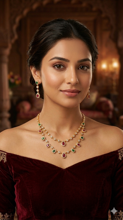 Gold American Diamond Ruby Green AD Hana Necklace Set /Indian Necklace Sets