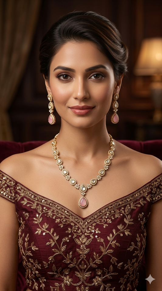 Antique Moissanite Pink kundan necklace Indian Jewellery Hina Wedding Set