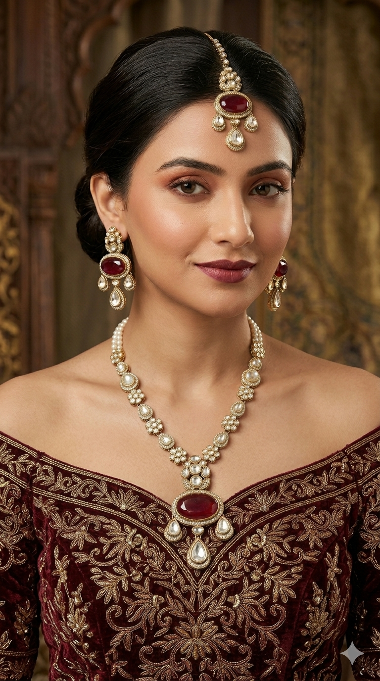 Antique Moissanite Maroon Long kundan necklace Indian Jewellery Henry Wedding Set