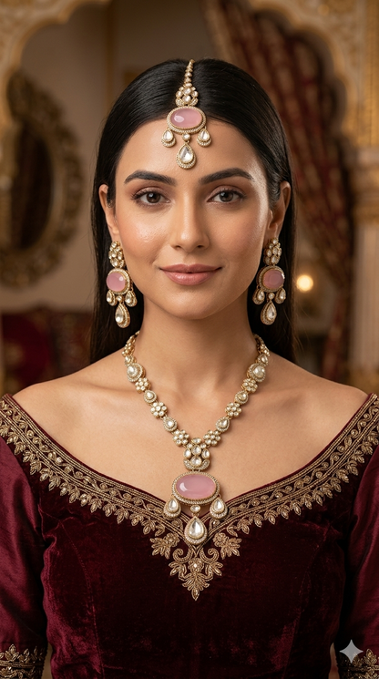 Antique Moissanite Pink Long kundan necklace Indian Jewellery Henry Wedding Sets