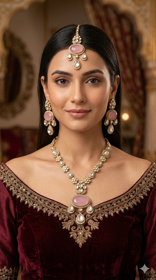 Antique Moissanite Pink Long kundan necklace Indian Jewellery Henry Wedding Sets