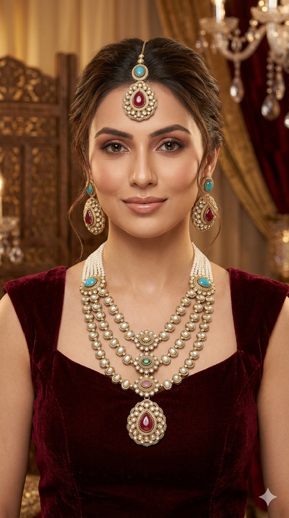 Antique Moissanite Multicolor Long kundan necklace Indian Jewellery Henry Wedding Sets