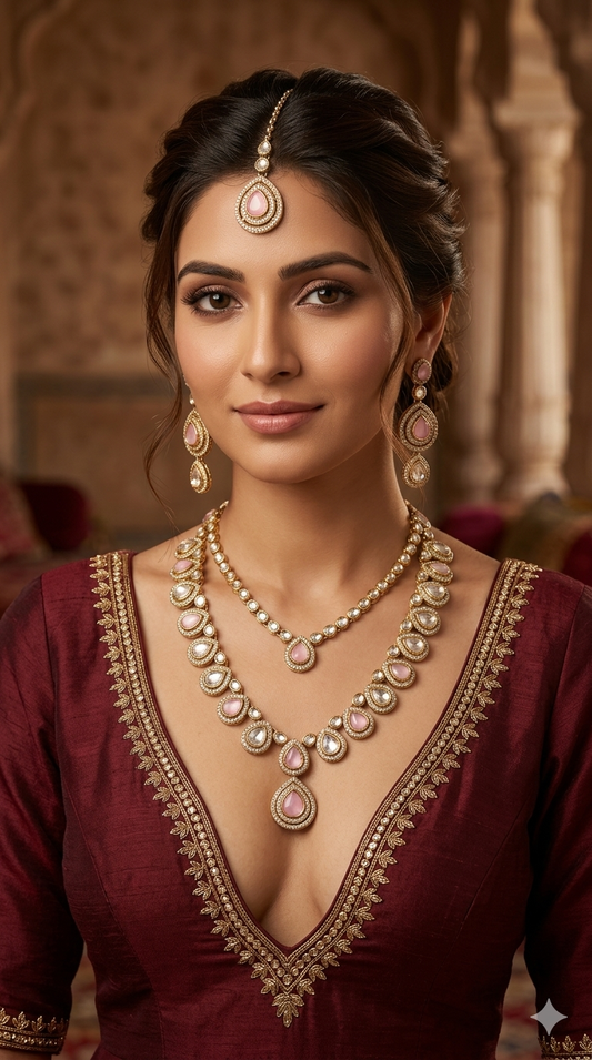 Antique Moissanite Pink Long kundan necklace Indian Jewellery Henry Wedding Sets